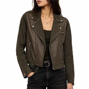 Fauxgerty Moto Jacket Women's Dark Olive Green Asymmetrical Zip Notch Lapels